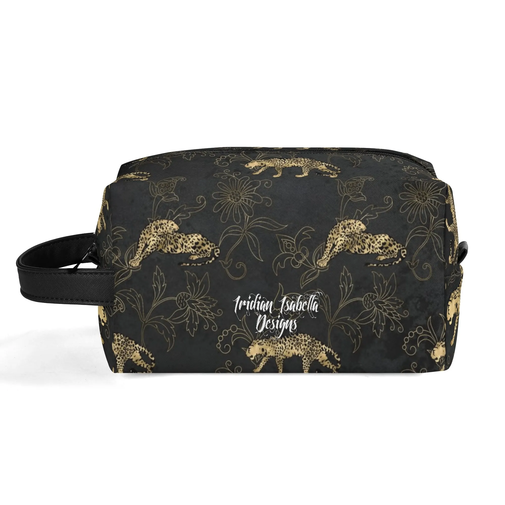 Leopard Print African Woman and Gold Leopard Graphic PU Leather Toiletries Bag