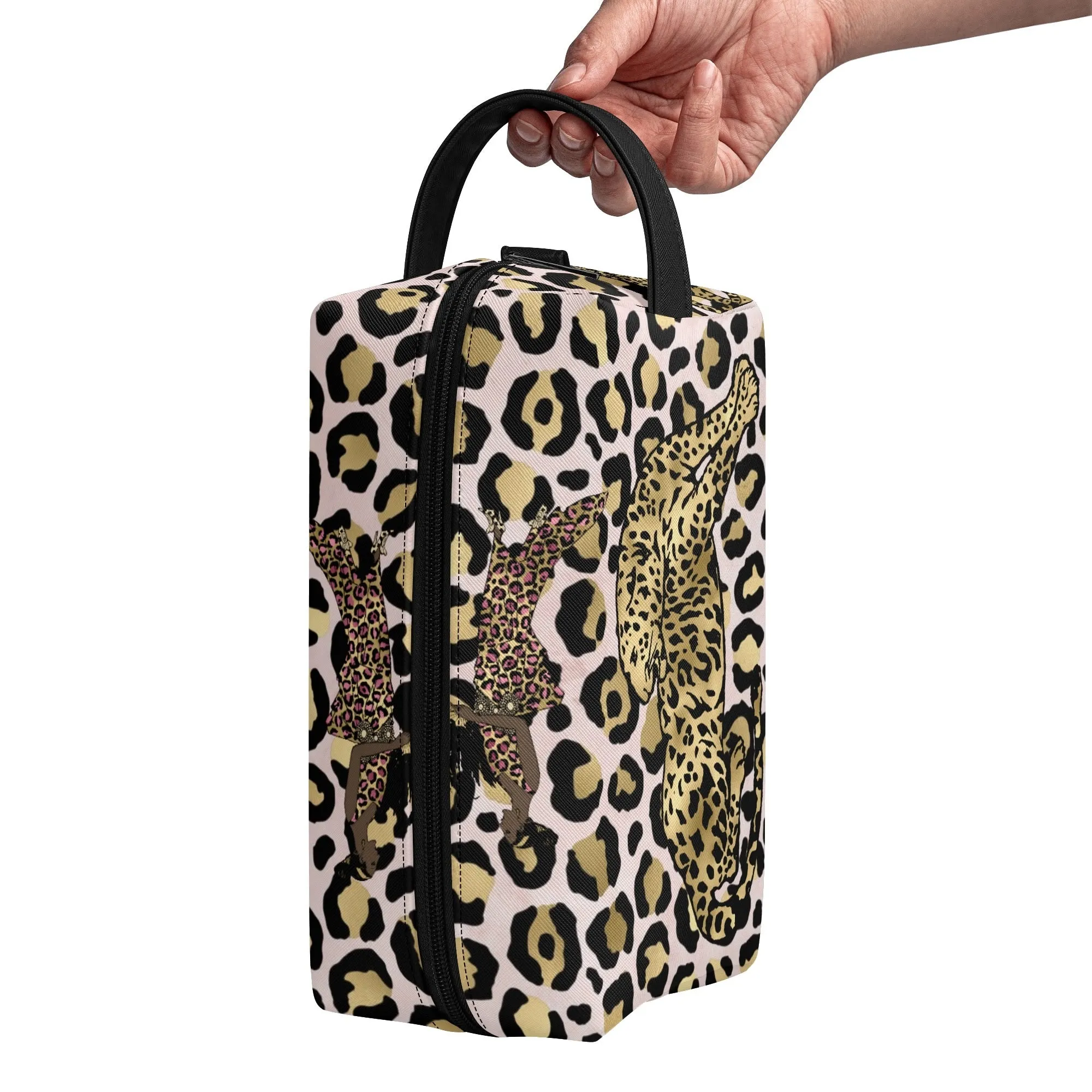 Leopard Print African Woman and Gold Leopard Graphic PU Leather Toiletries Bag