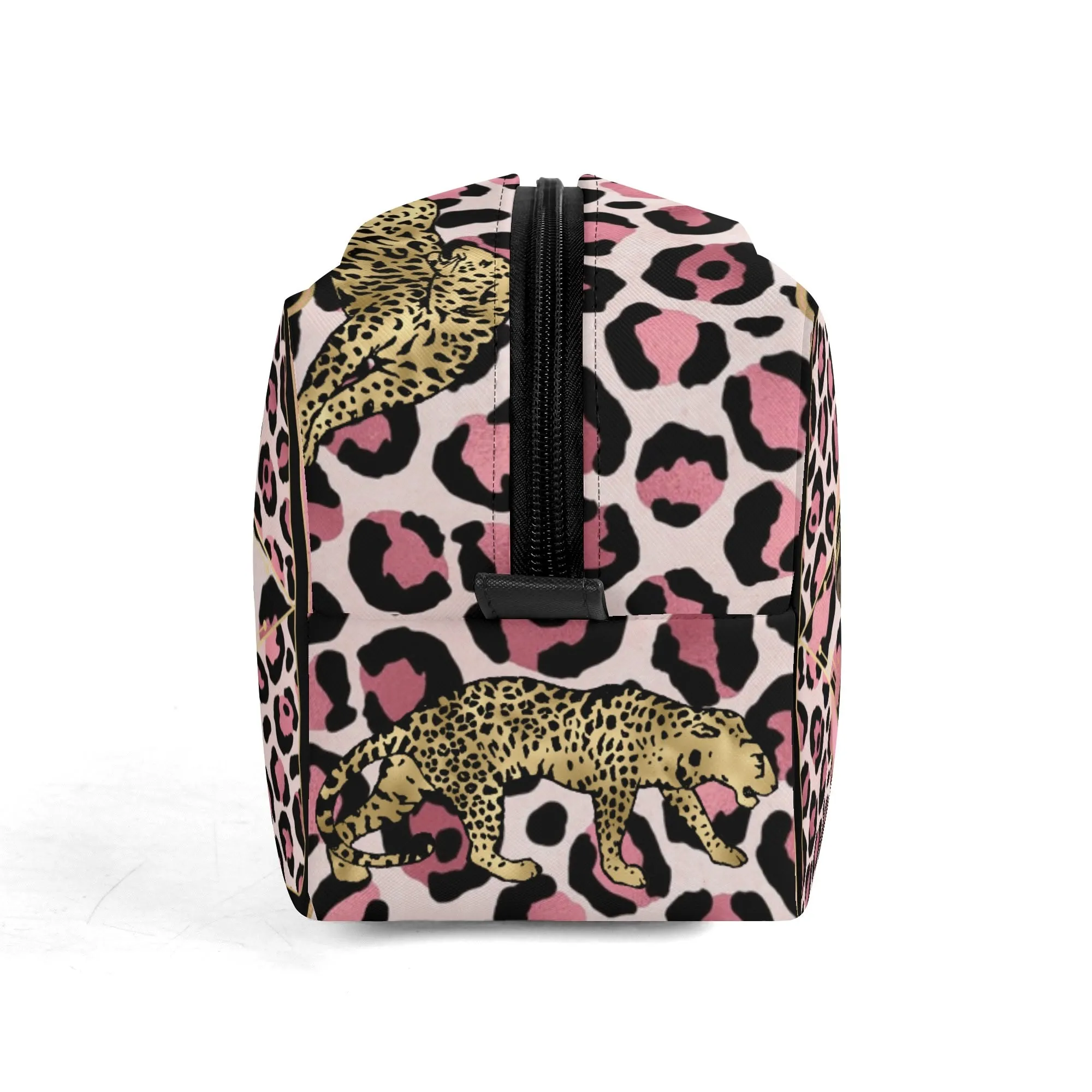 Leopard Print African Woman and Gold Leopard Graphic PU Leather Toiletries Bag