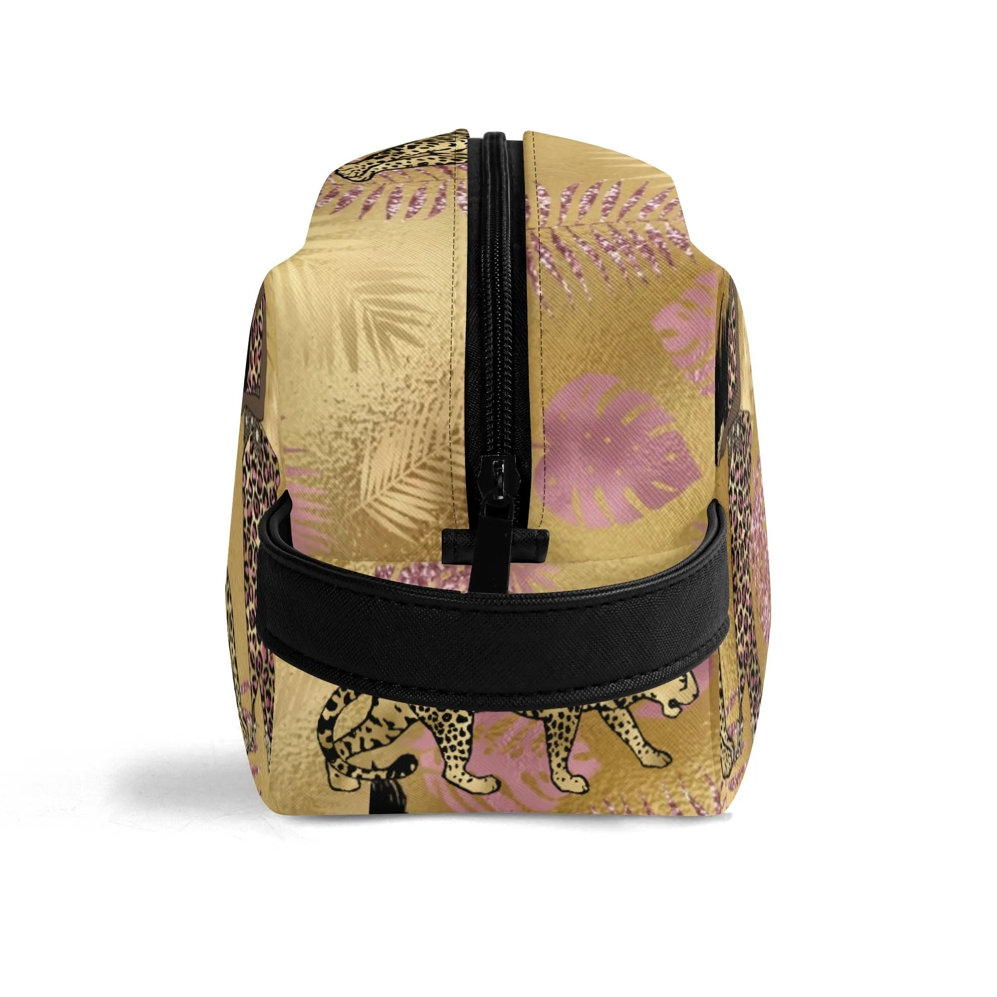 Leopard Print African Woman and Gold Leopard Graphic PU Leather Toiletries Bag