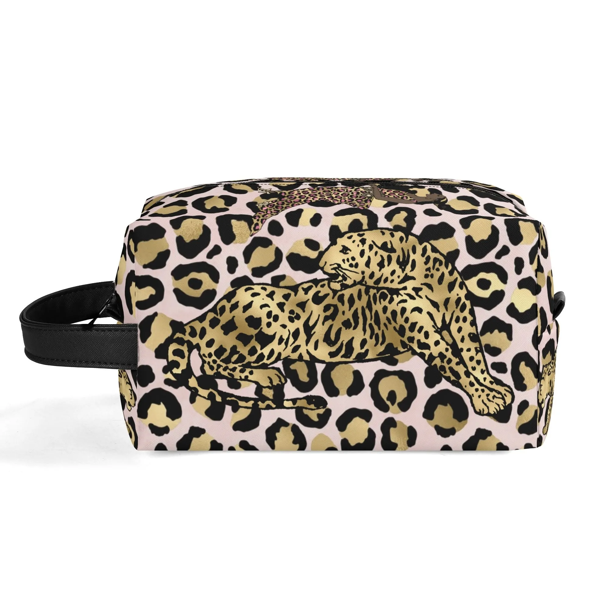 Leopard Print African Woman and Gold Leopard Graphic PU Leather Toiletries Bag