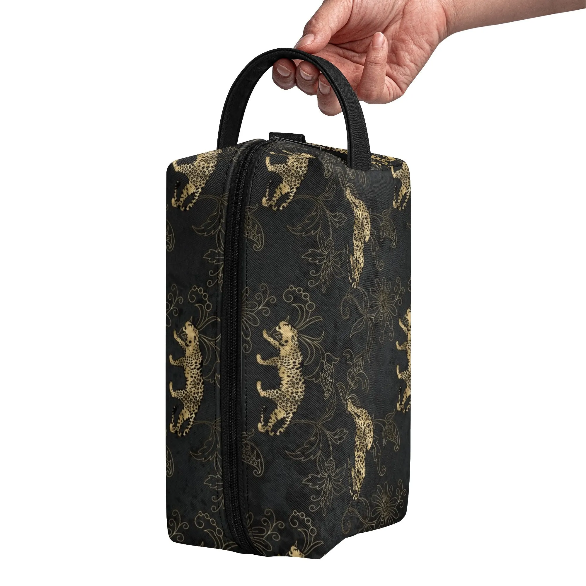 Leopard Print African Woman and Gold Leopard Graphic PU Leather Toiletries Bag