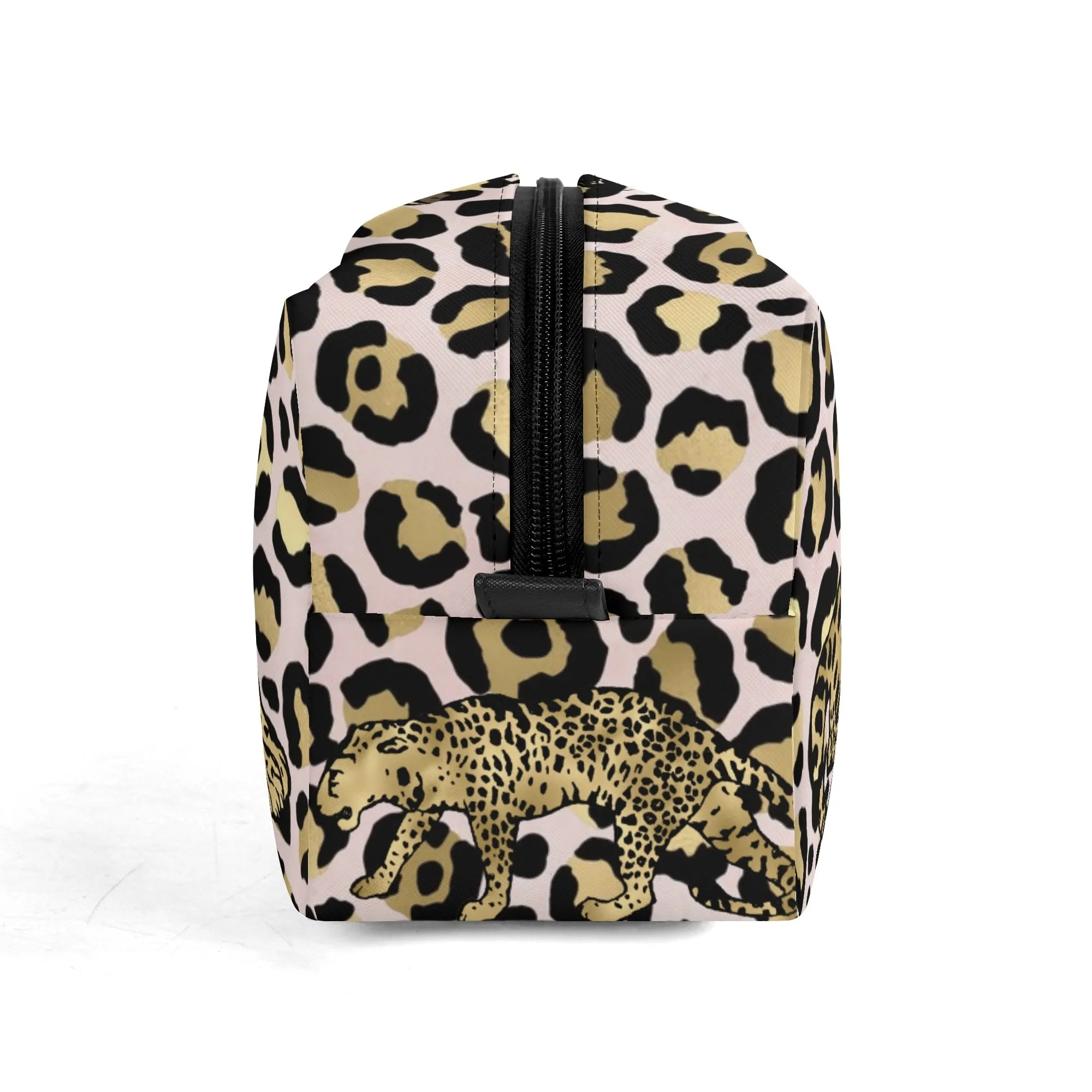 Leopard Print African Woman and Gold Leopard Graphic PU Leather Toiletries Bag