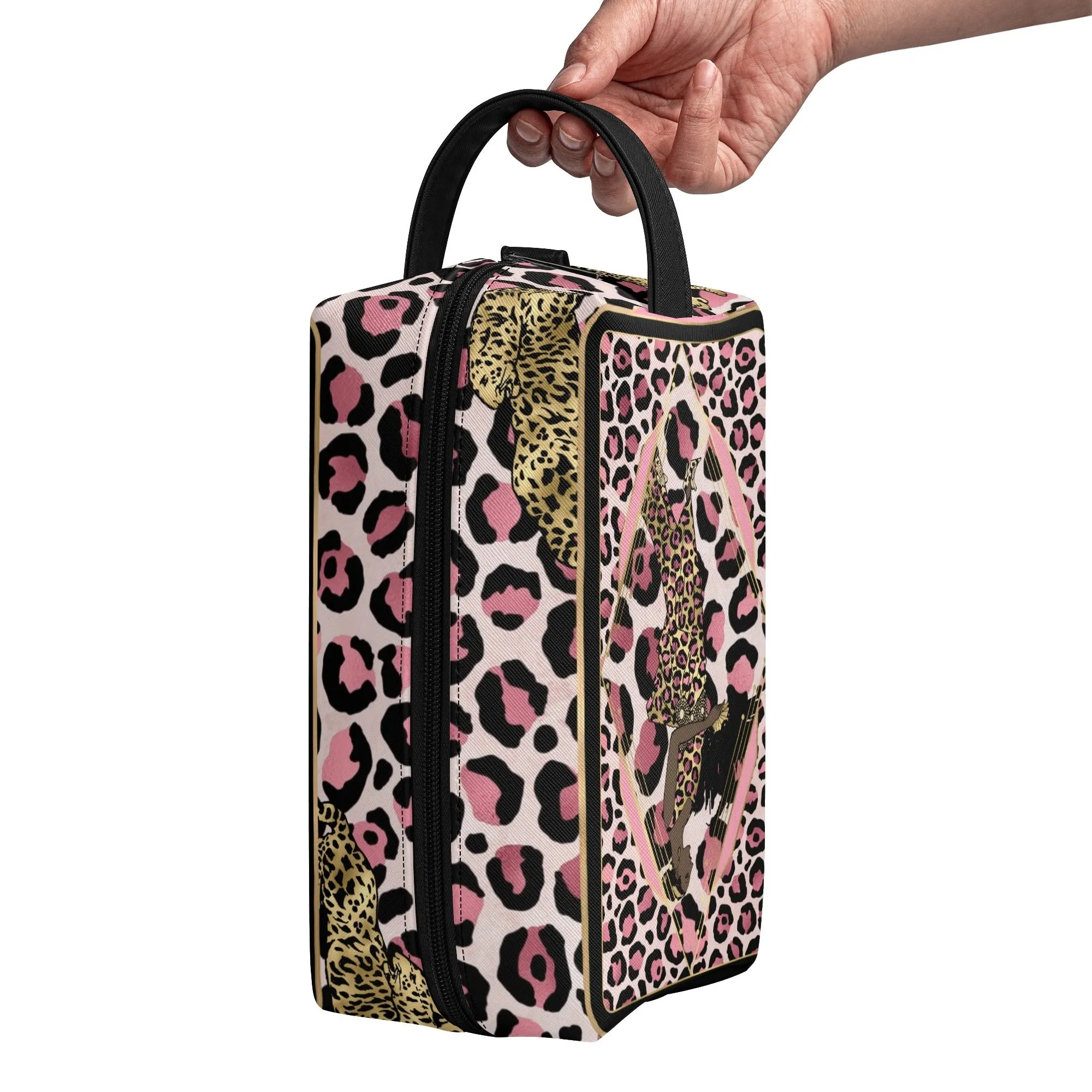 Leopard Print African Woman and Gold Leopard Graphic PU Leather Toiletries Bag