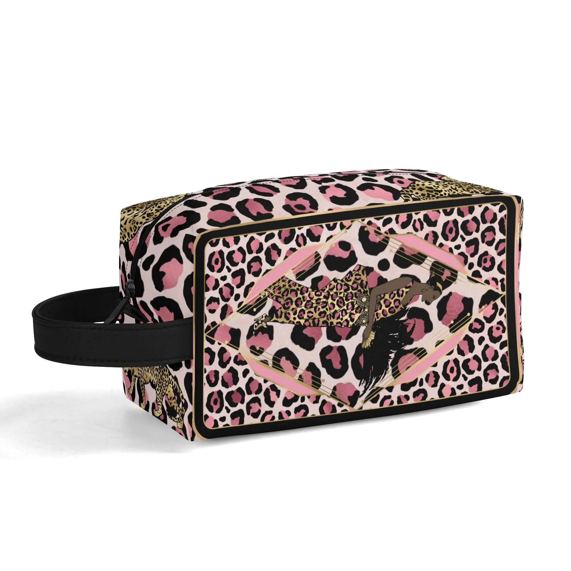 Leopard Print African Woman and Gold Leopard Graphic PU Leather Toiletries Bag