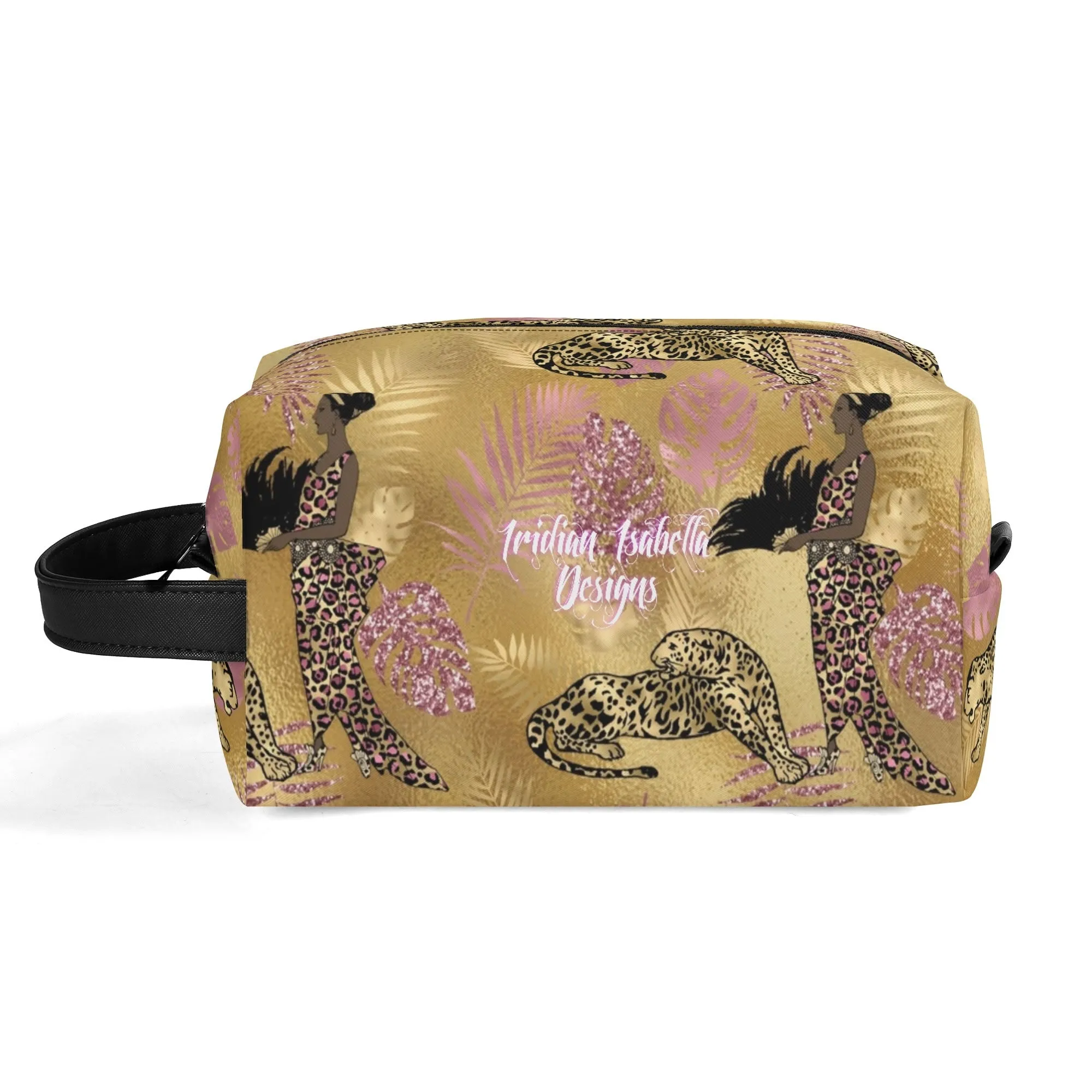 Leopard Print African Woman and Gold Leopard Graphic PU Leather Toiletries Bag