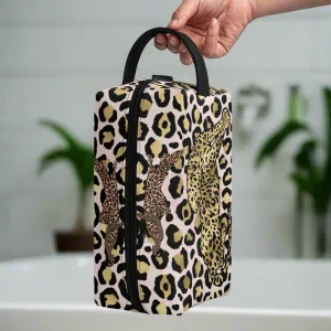 Leopard Print African Woman and Gold Leopard Graphic PU Leather Toiletries Bag