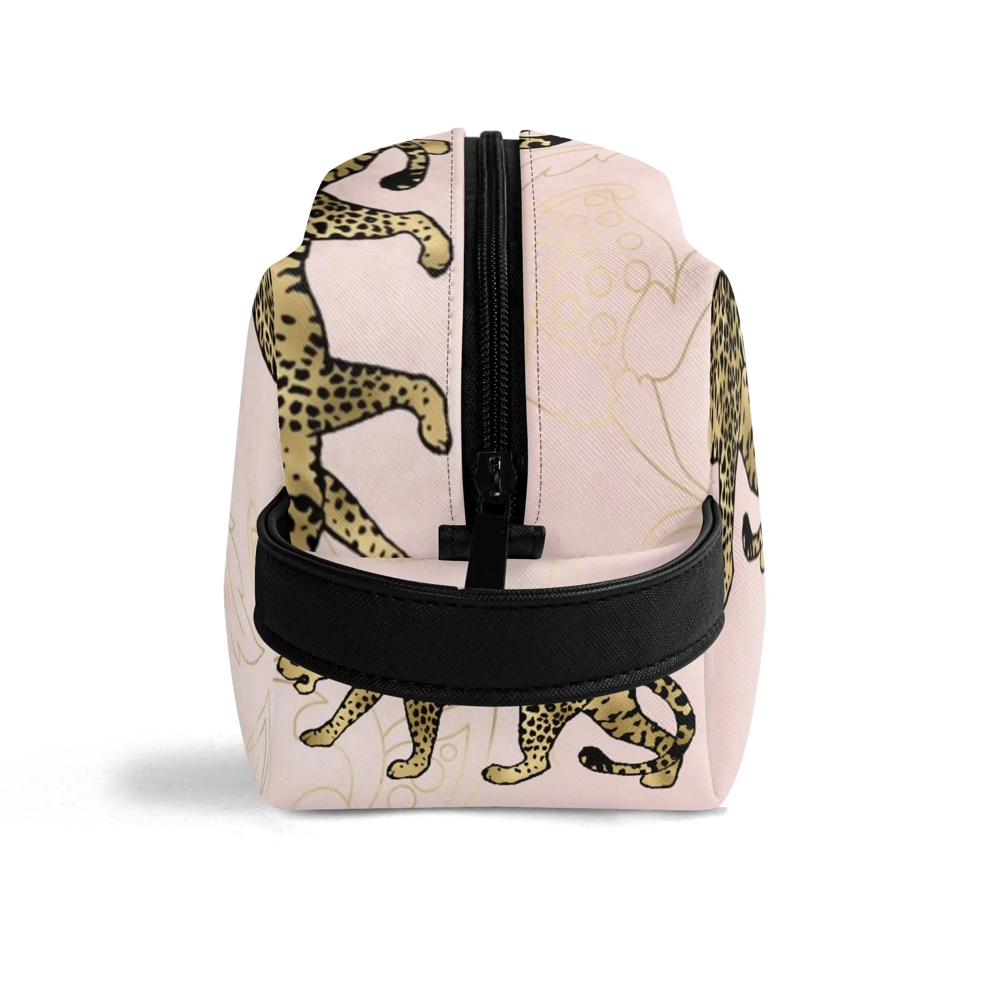Leopard Print African Woman and Gold Leopard Graphic PU Leather Toiletries Bag