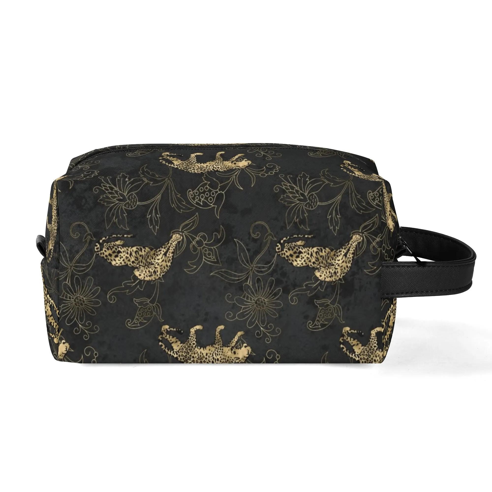 Leopard Print African Woman and Gold Leopard Graphic PU Leather Toiletries Bag
