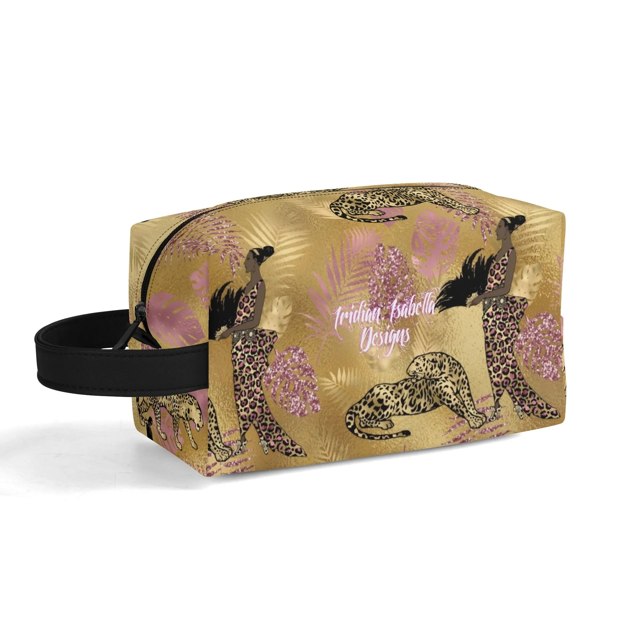 Leopard Print African Woman and Gold Leopard Graphic PU Leather Toiletries Bag