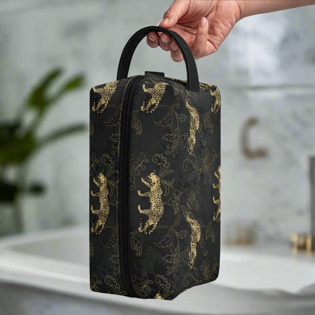 Leopard Print African Woman and Gold Leopard Graphic PU Leather Toiletries Bag