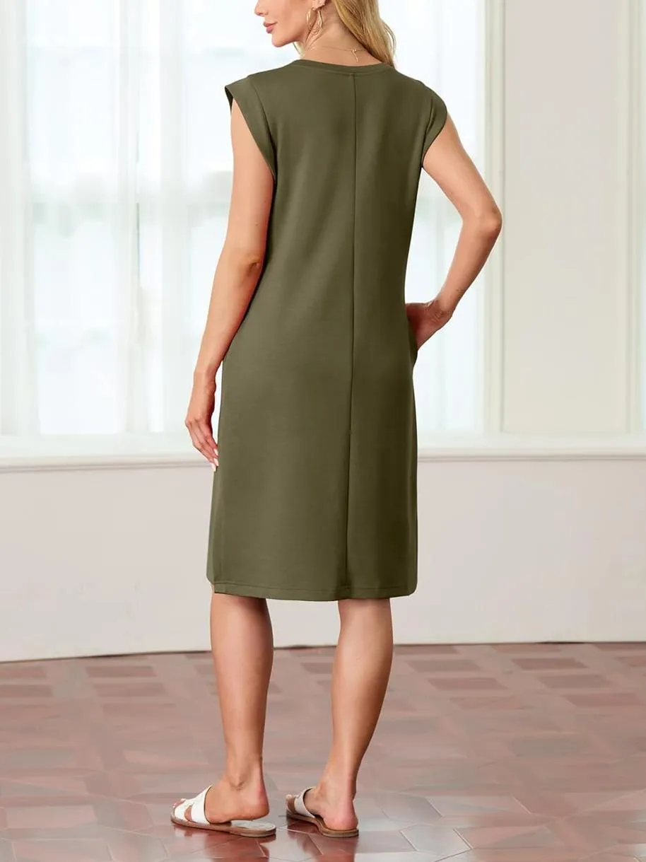 💕Limited Sale 50% OFF💕Women Round Neck Loose Split Wrinkle-Free Midi Dress with Pockets
