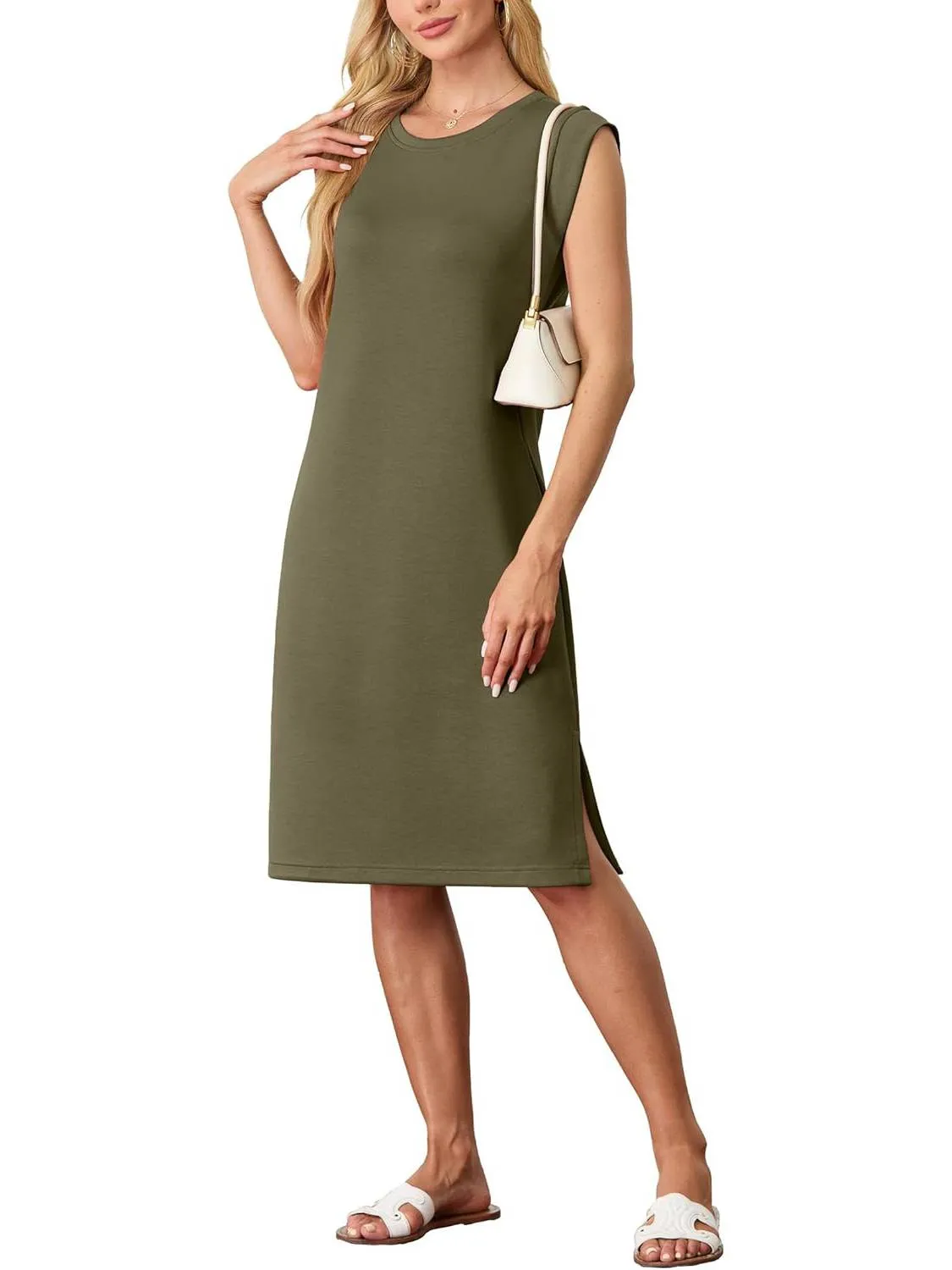 💕Limited Sale 50% OFF💕Women Round Neck Loose Split Wrinkle-Free Midi Dress with Pockets