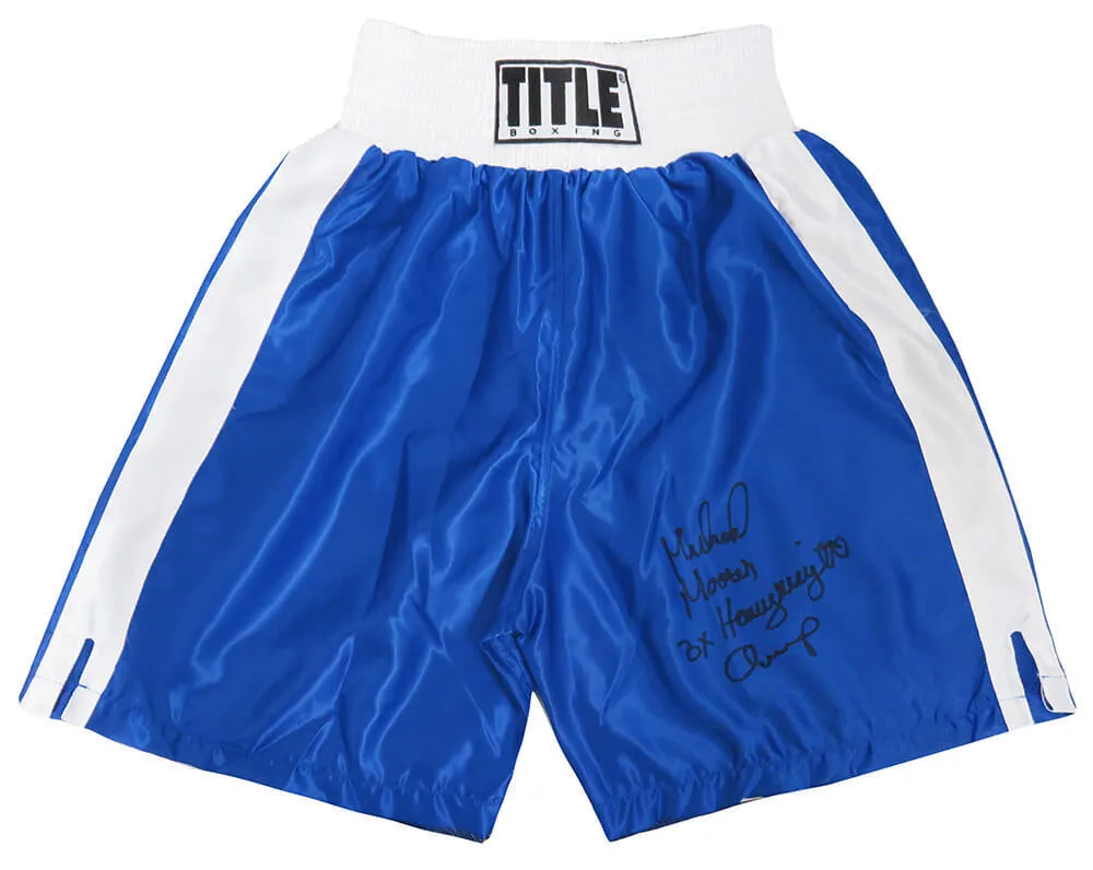 Michael Moorer Signed Title Blue Boxing Trunks w/3x Champ (In Black) - (SS COA)