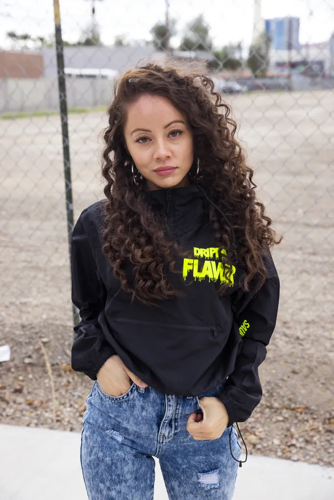 Neon Yellow Drippin Flavor | Black Crop-Zip Windbreaker