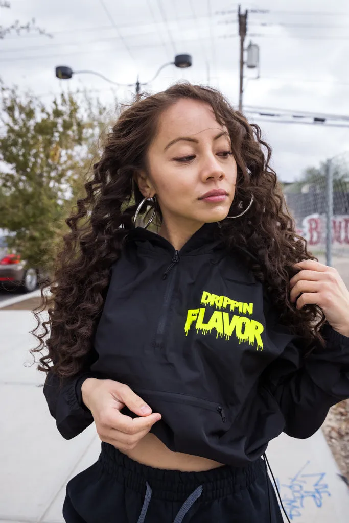 Neon Yellow Drippin Flavor | Black Crop-Zip Windbreaker