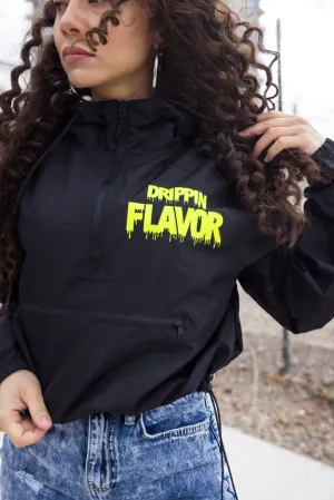 Neon Yellow Drippin Flavor | Black Crop-Zip Windbreaker
