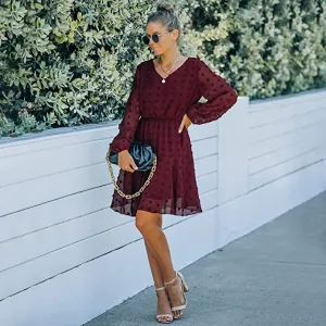 New Tmore Womens Long Sleeve V Neck S-wiss Dot Casual Loose Flowy Swing Tunic Midi Dress in Burgundy, Sz S!