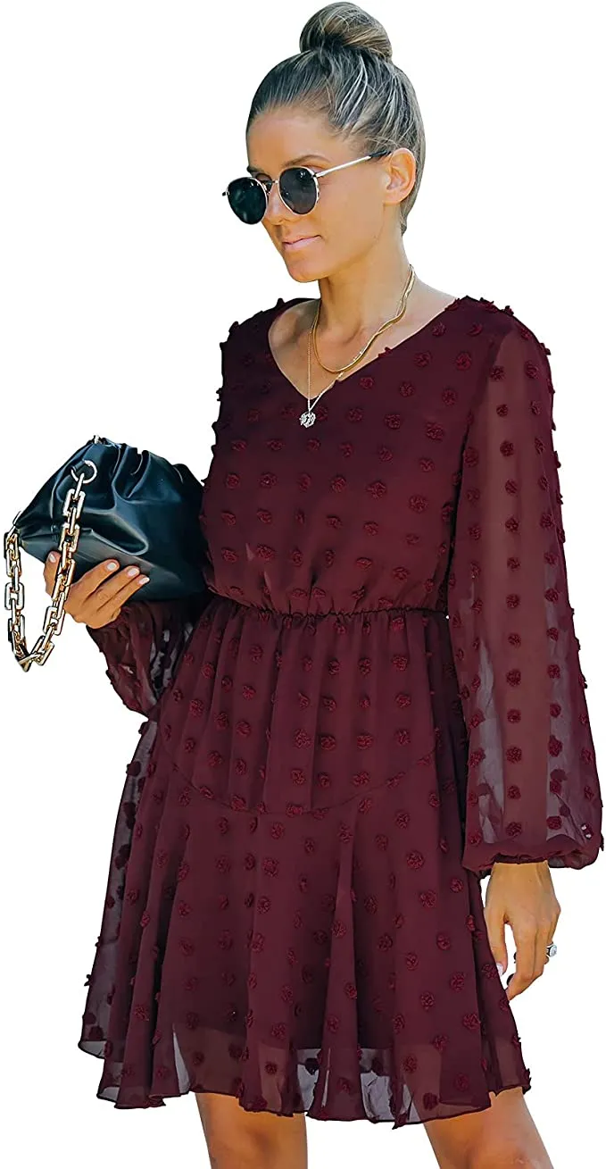 New Tmore Womens Long Sleeve V Neck S-wiss Dot Casual Loose Flowy Swing Tunic Midi Dress in Burgundy, Sz S!