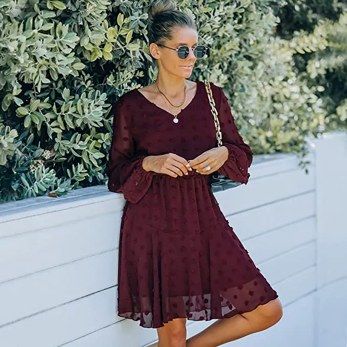 New Tmore Womens Long Sleeve V Neck S-wiss Dot Casual Loose Flowy Swing Tunic Midi Dress in Burgundy, Sz S!