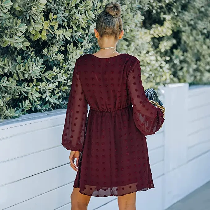 New Tmore Womens Long Sleeve V Neck S-wiss Dot Casual Loose Flowy Swing Tunic Midi Dress in Burgundy, Sz S!