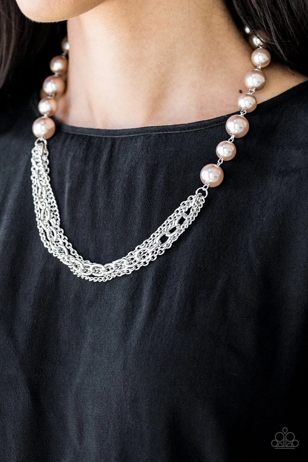 Paparazzi - Runaway Bride - Brown Pearl  Silver Chain Necklace Set