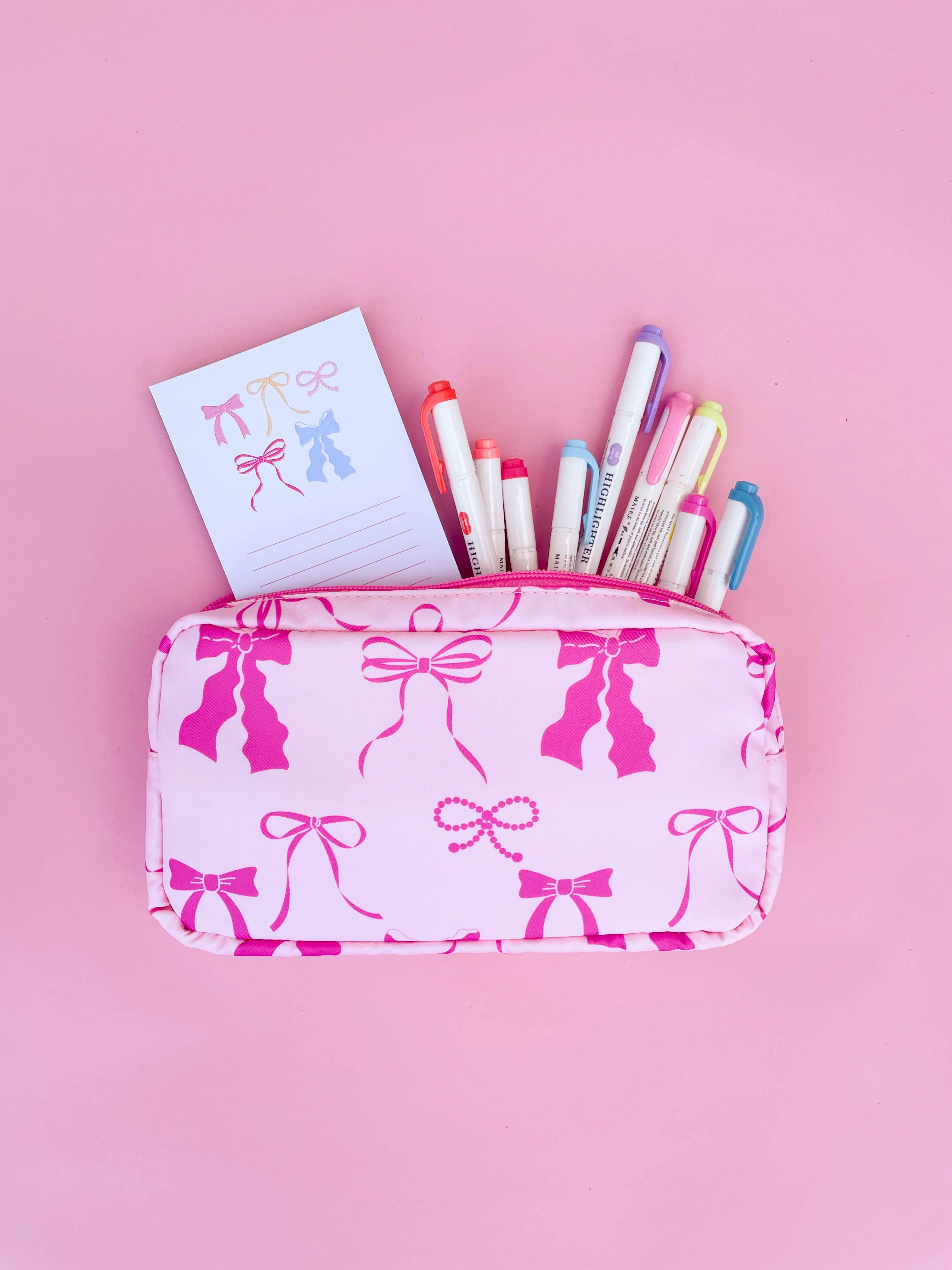 Pink Bows Nylon Cosmetic Zipper Bag: Large