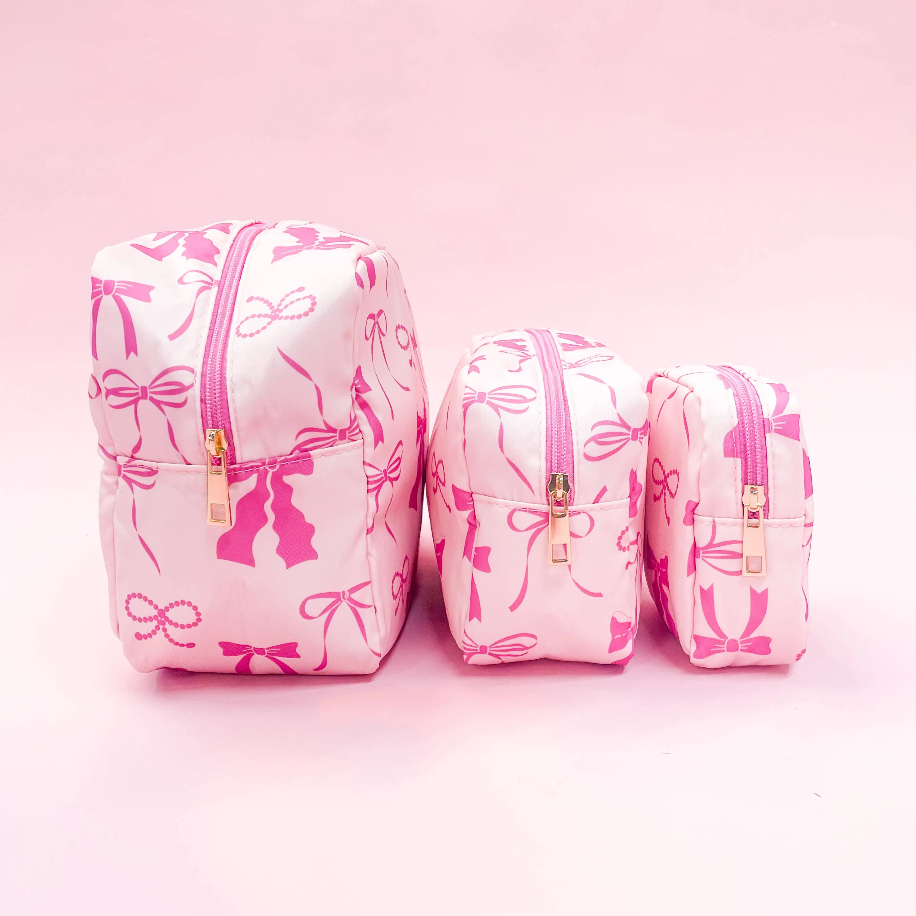 Pink Bows Nylon Cosmetic Zipper Bag: Large