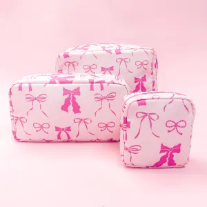 Pink Bows Nylon Cosmetic Zipper Bag: Large