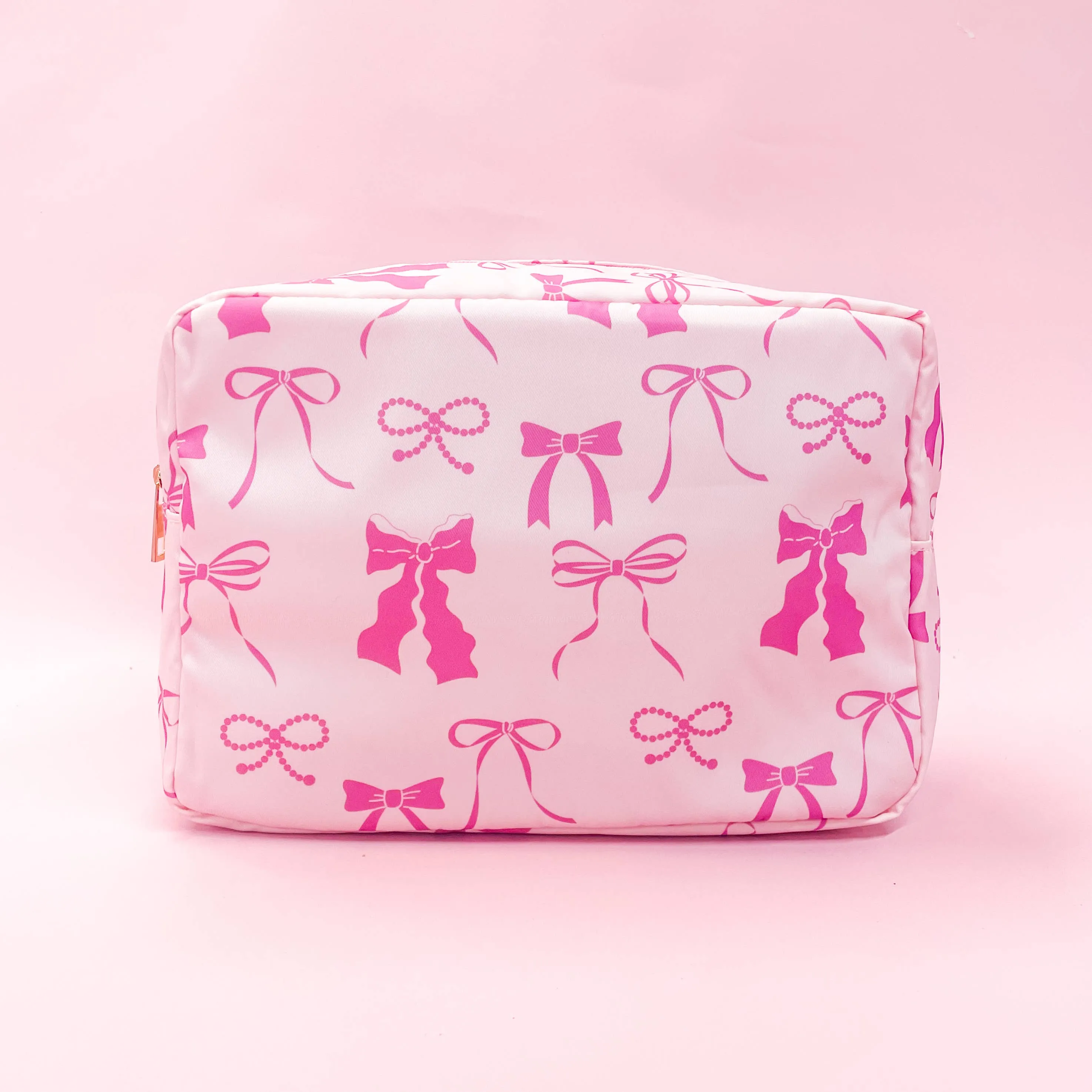 Pink Bows Nylon Cosmetic Zipper Bag: Large