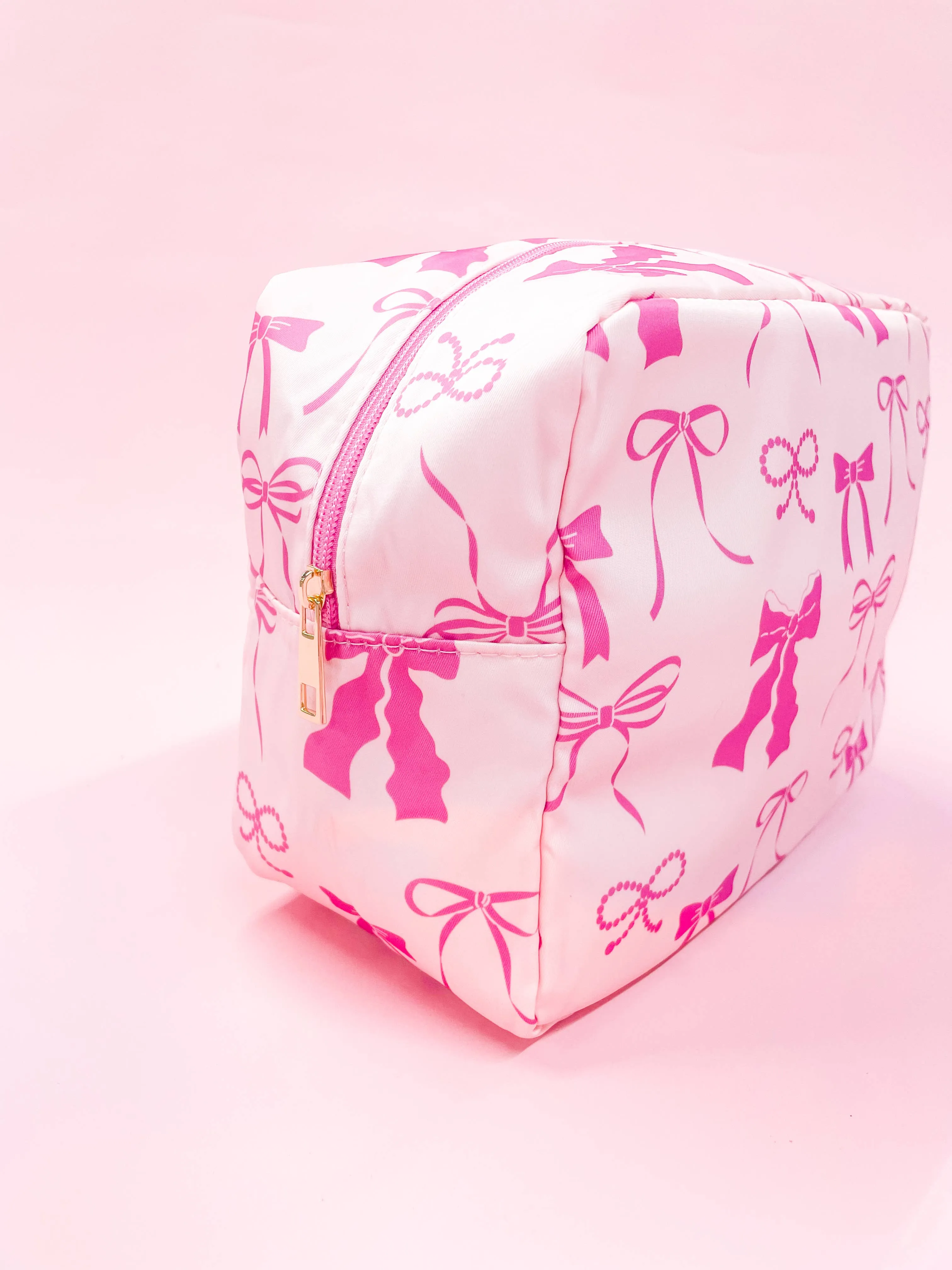 Pink Bows Nylon Cosmetic Zipper Bag: Large