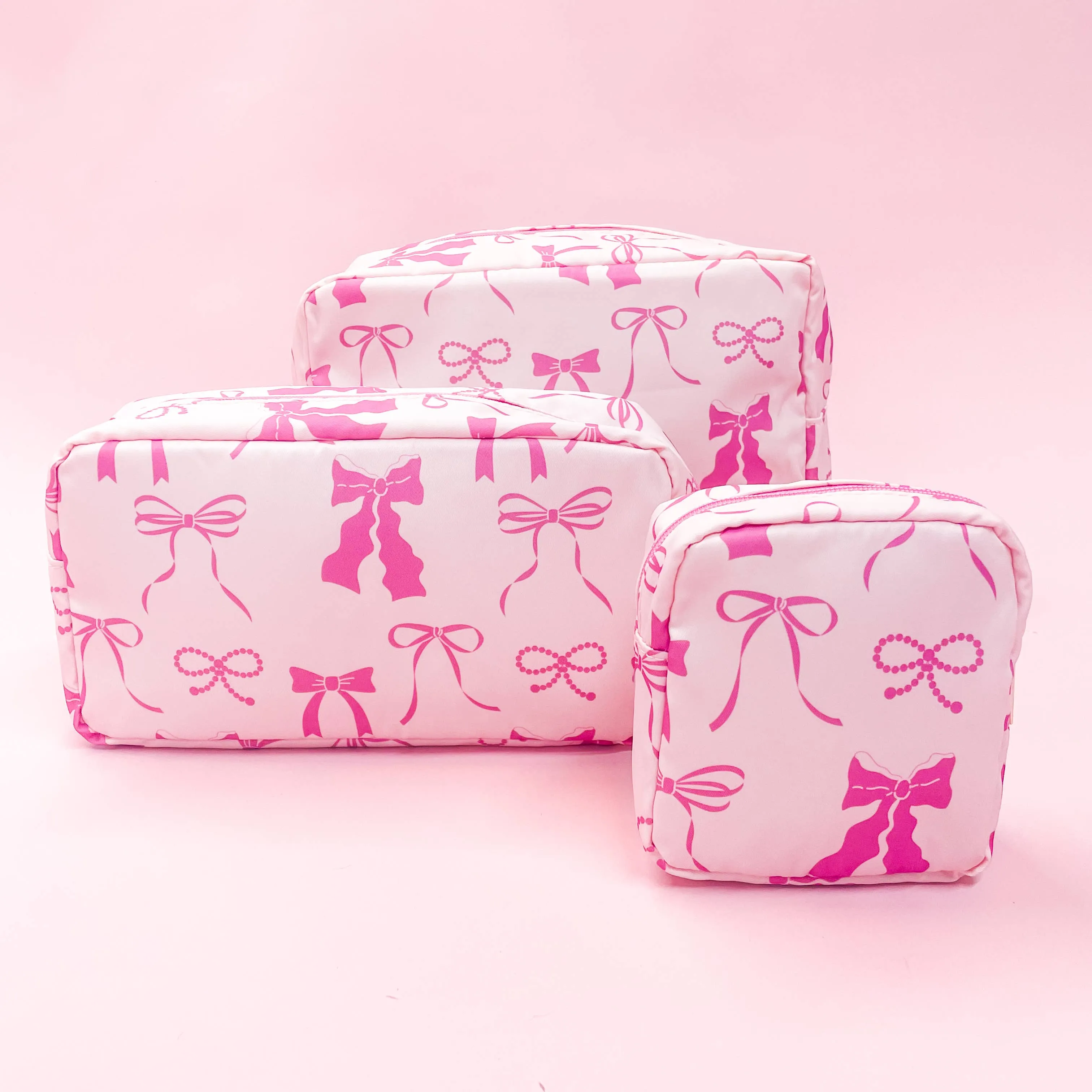 Pink Bows Nylon Cosmetic Zipper Bag: Large
