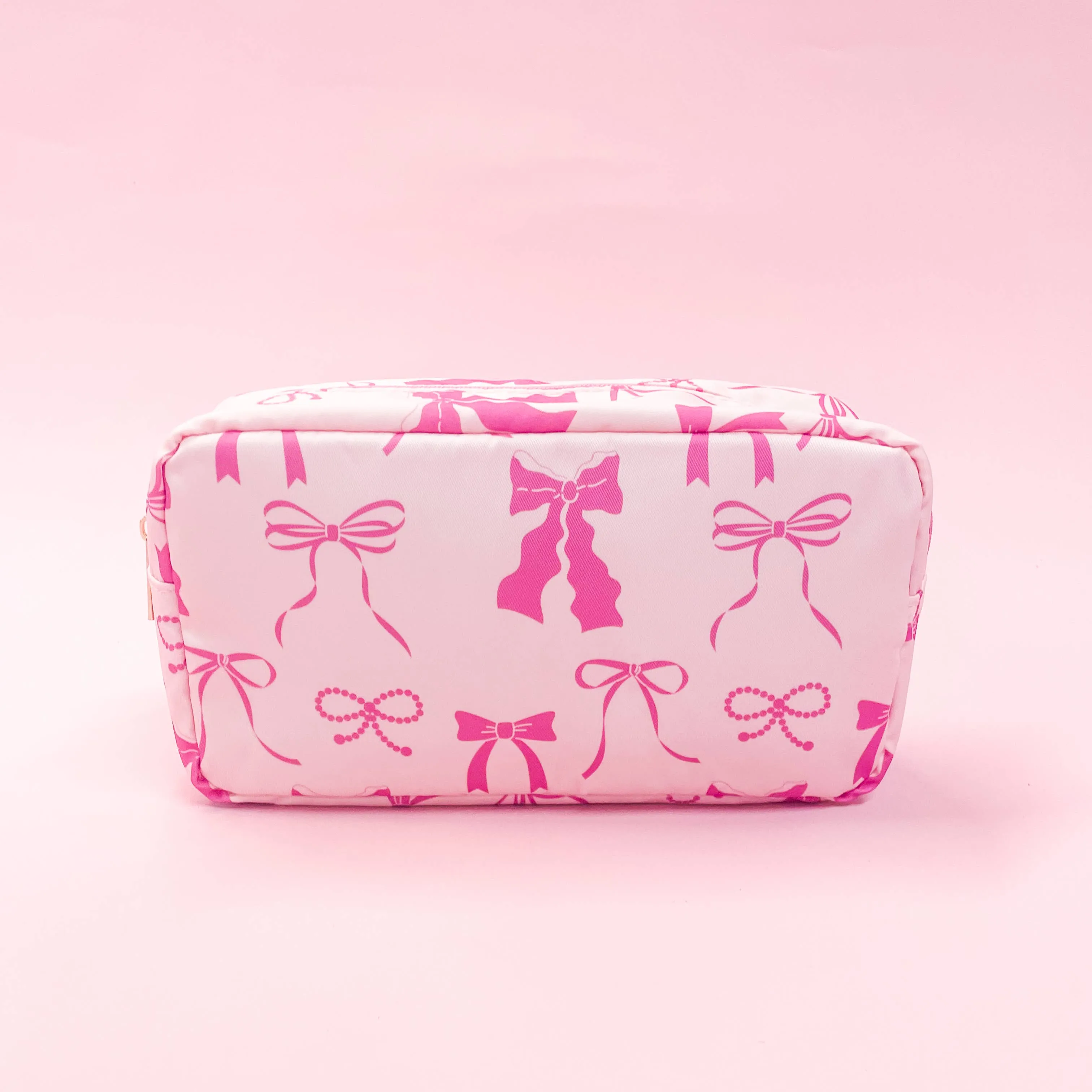 Pink Bows Nylon Cosmetic Zipper Bag: Large