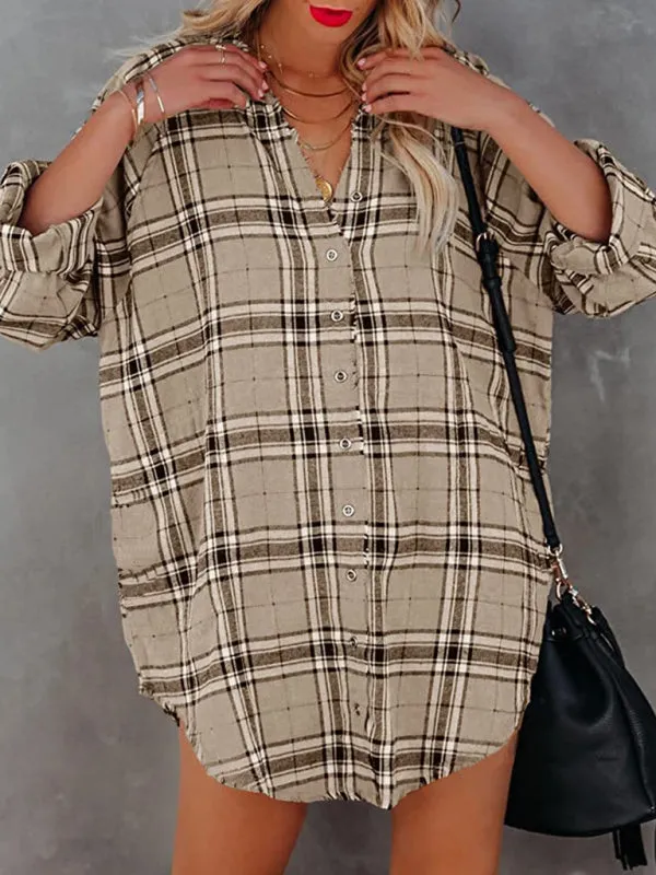 Plaid V-Neck Shirt Dress with Button-Down Front