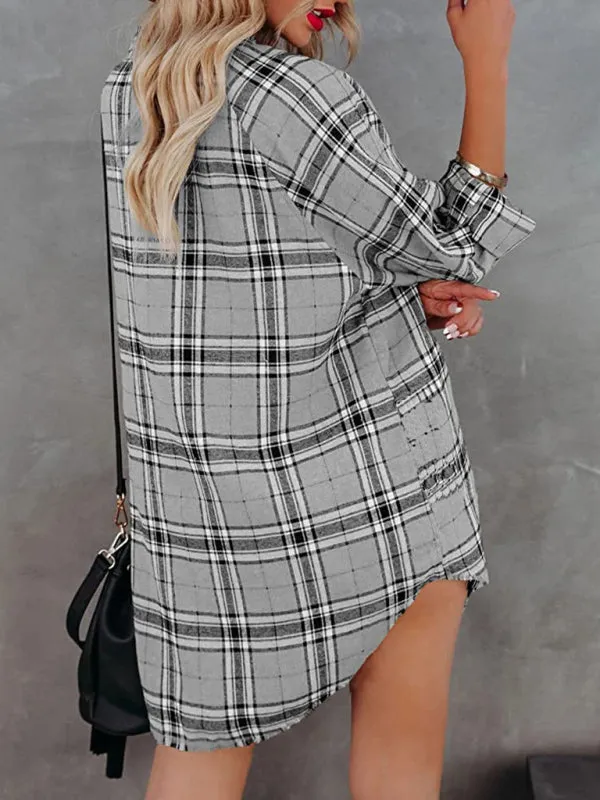 Plaid V-Neck Shirt Dress with Button-Down Front