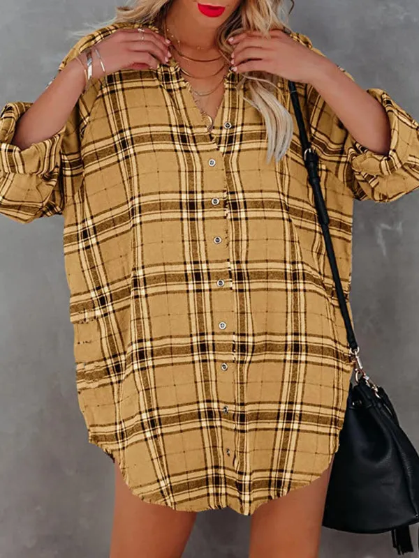 Plaid V-Neck Shirt Dress with Button-Down Front
