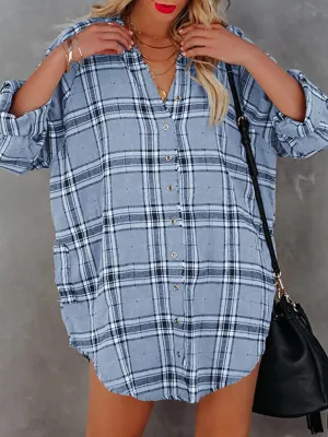 Plaid V-Neck Shirt Dress with Button-Down Front
