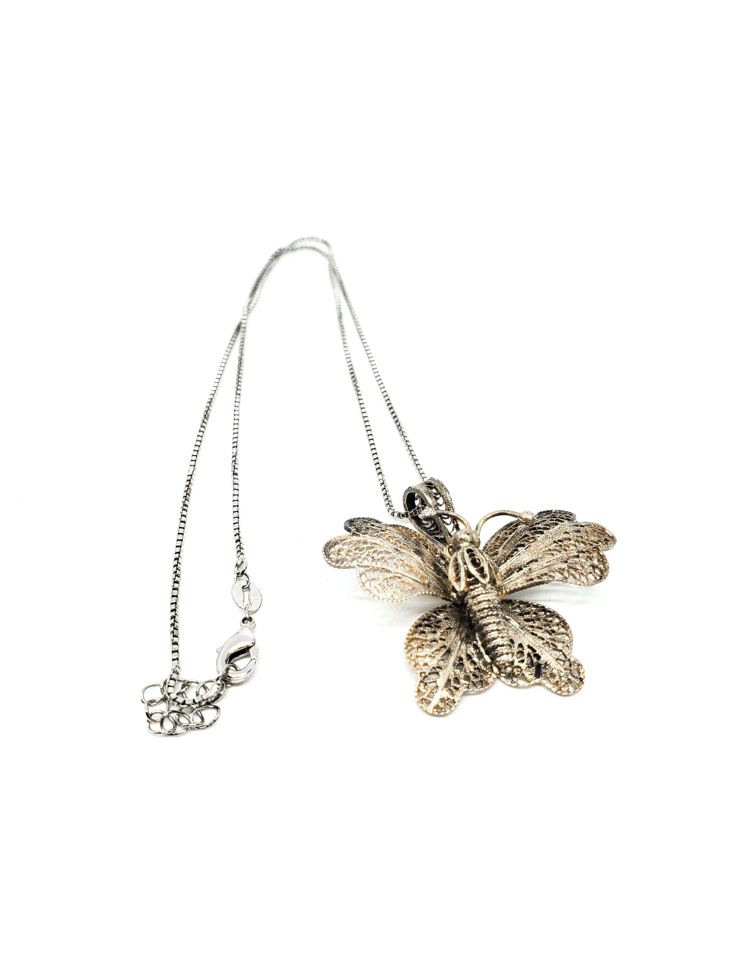 Portugal spun silver large butterfly sterling silver vintage pendant necklace 925