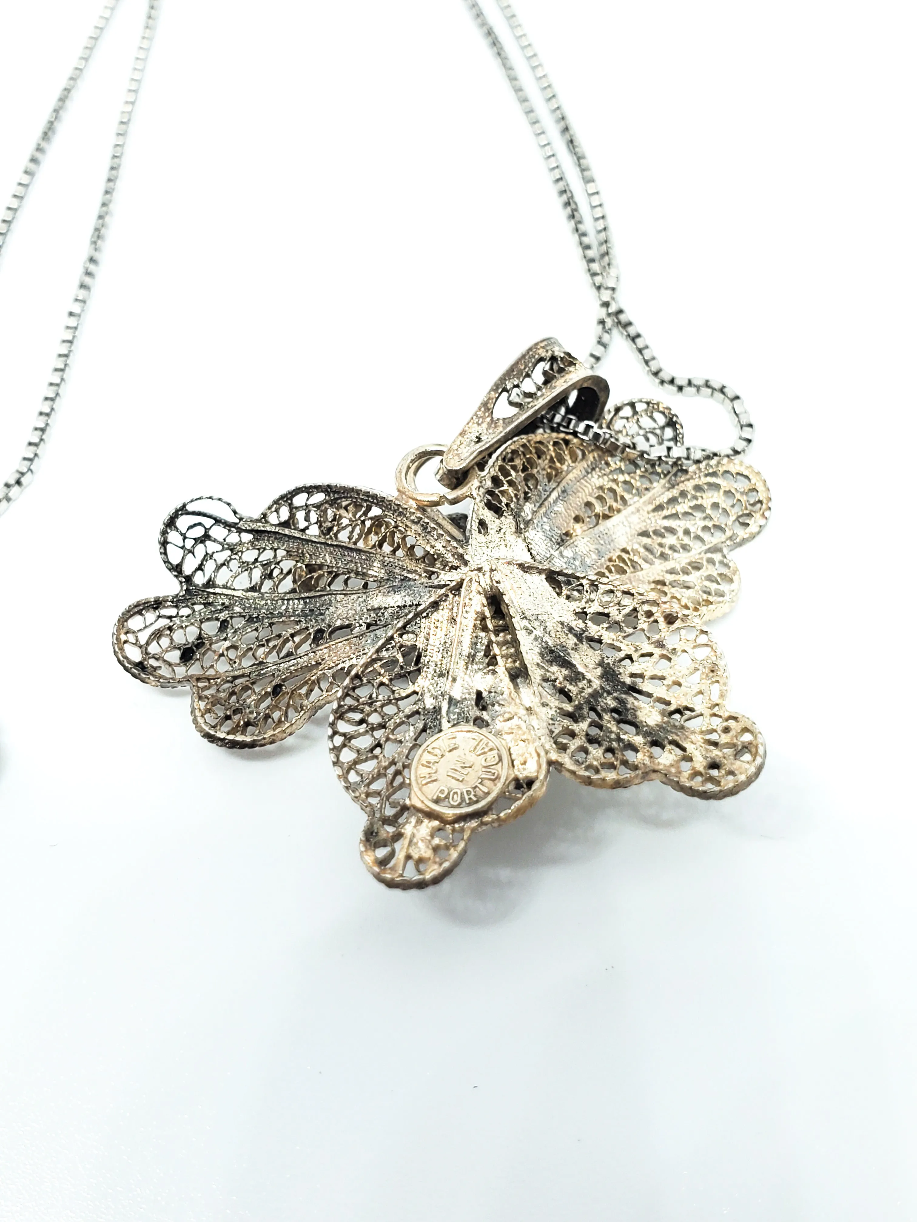 Portugal spun silver large butterfly sterling silver vintage pendant necklace 925