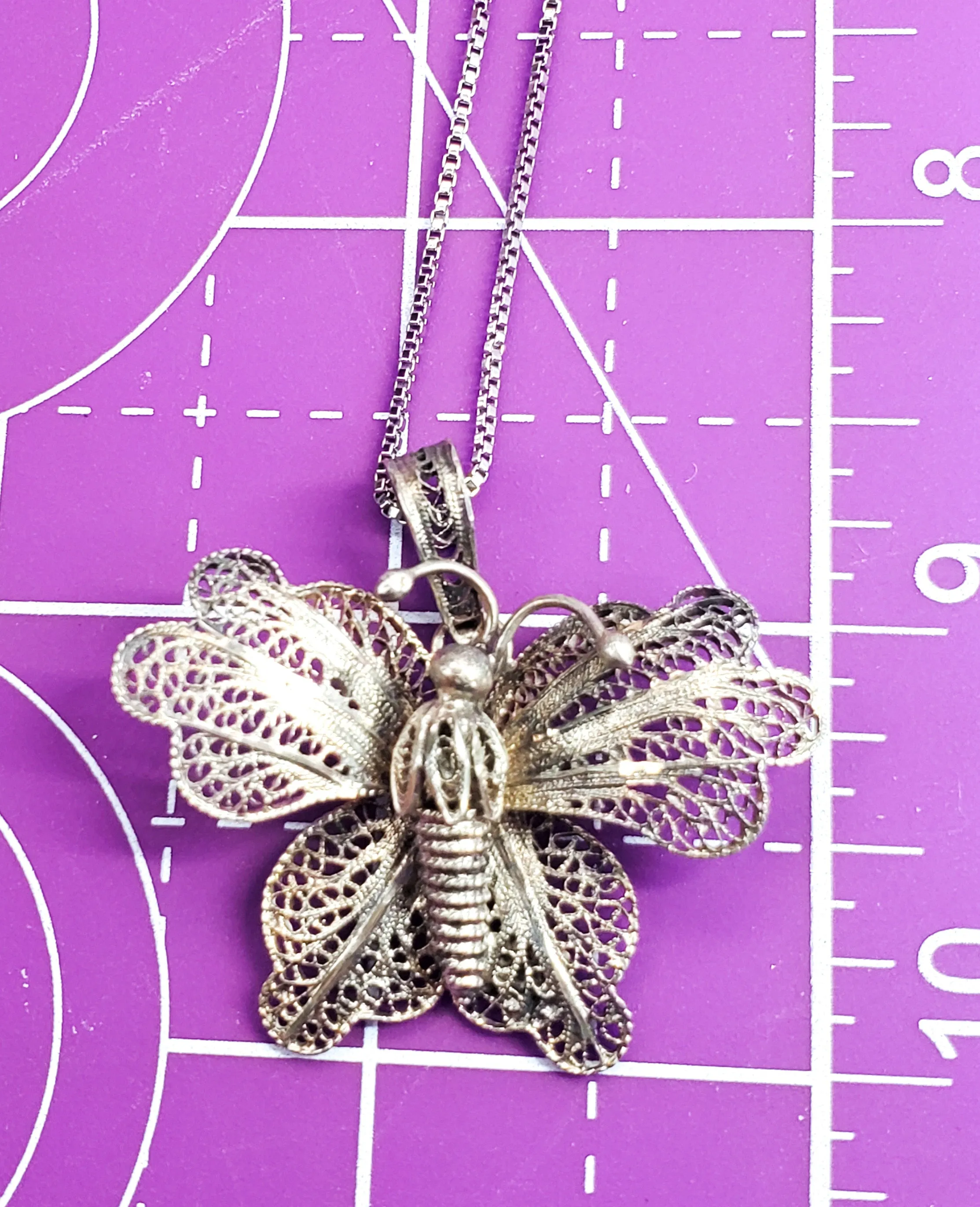 Portugal spun silver large butterfly sterling silver vintage pendant necklace 925