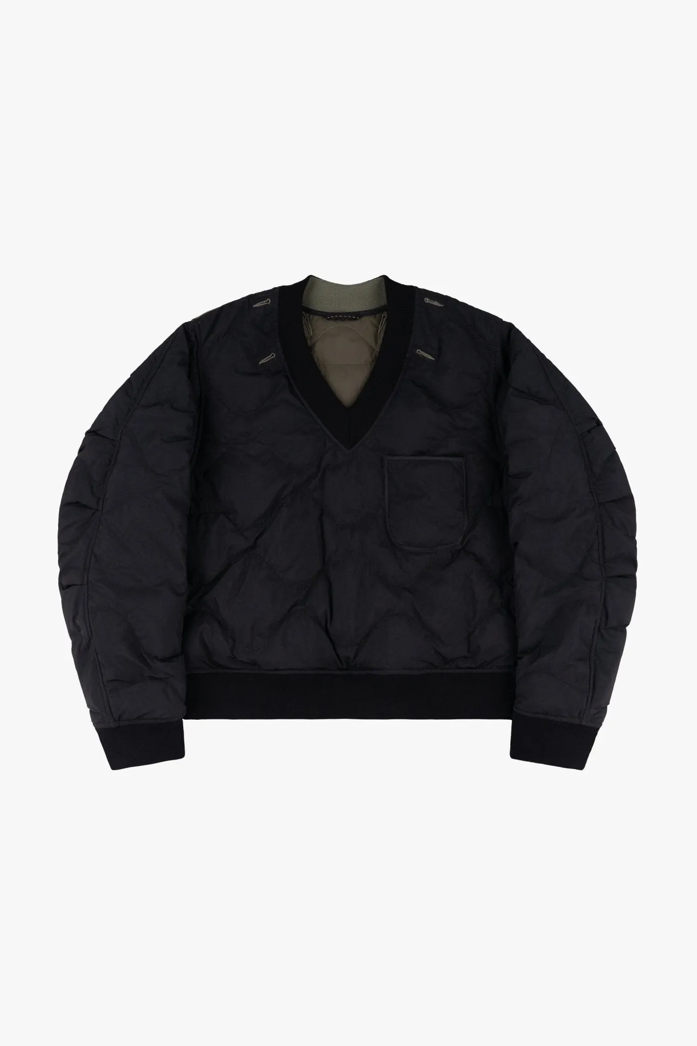 Quilted Down V Neck Sweater - Black / Dark Olive