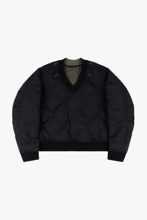 Quilted Down V Neck Sweater - Black / Dark Olive