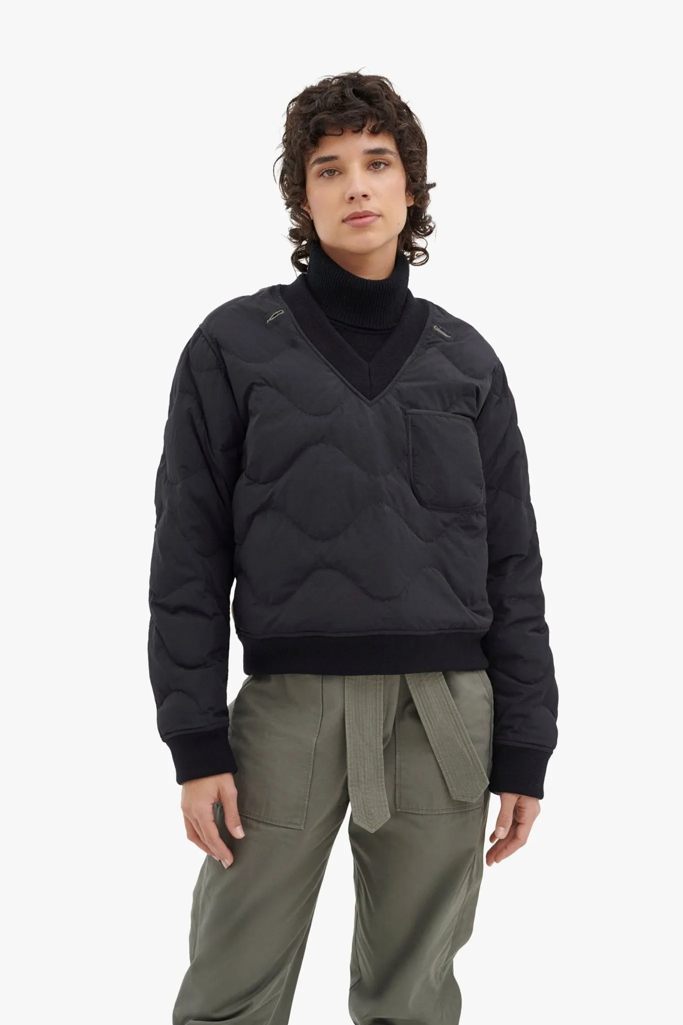 Quilted Down V Neck Sweater - Black / Dark Olive