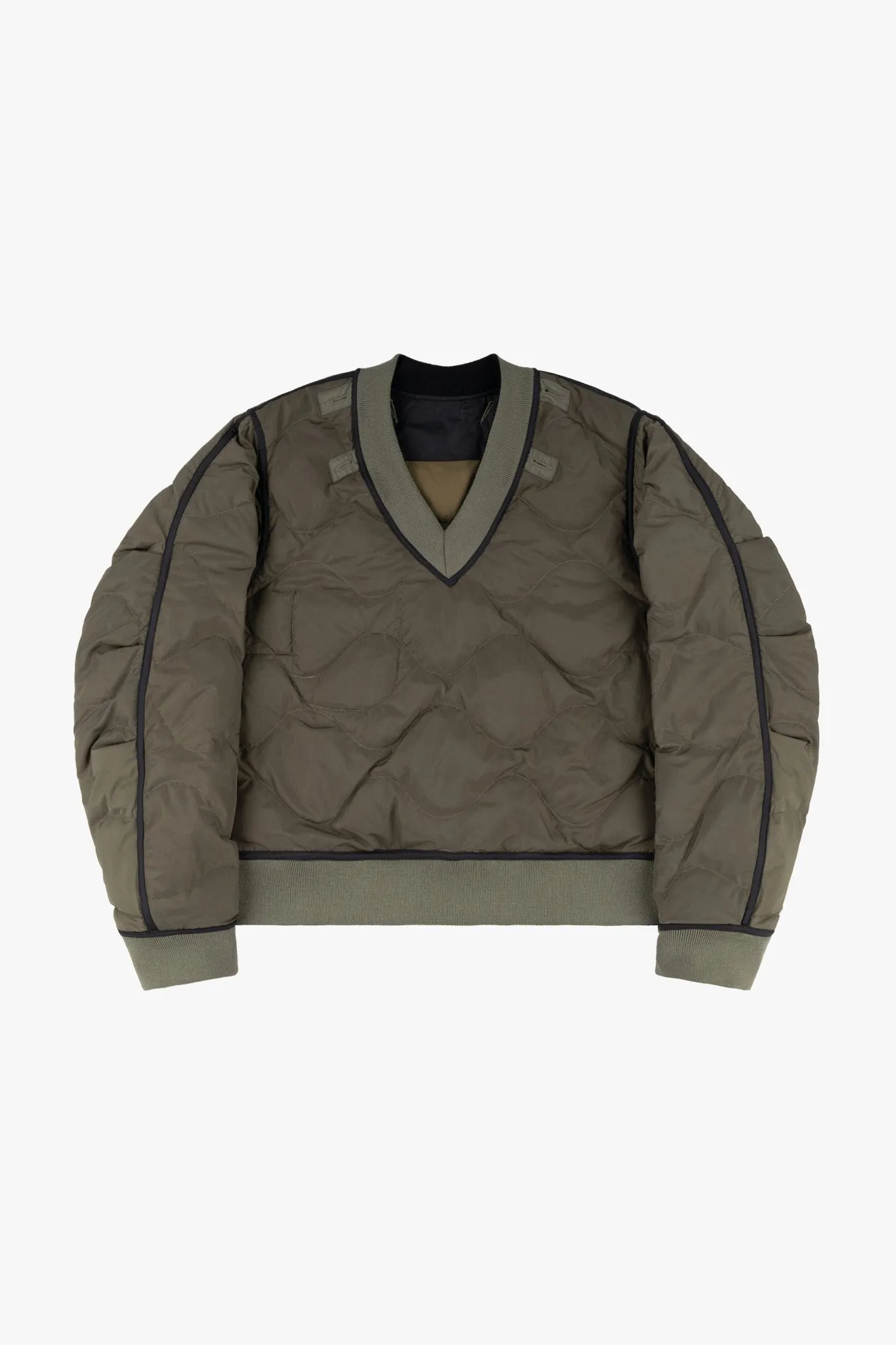 Quilted Down V Neck Sweater - Black / Dark Olive