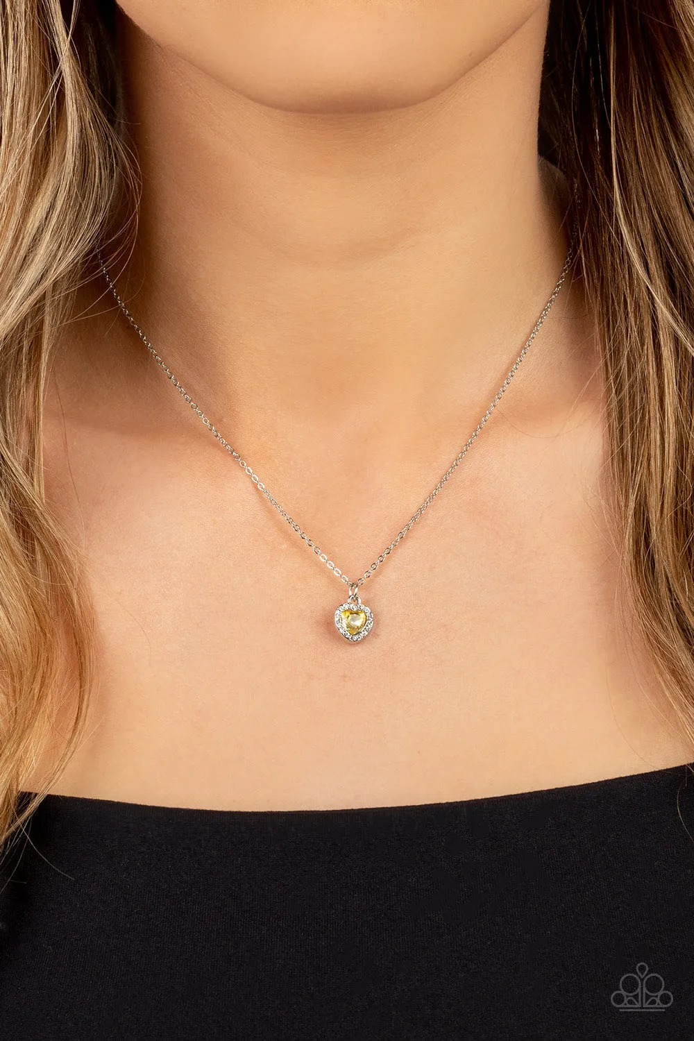 "A Little Lovestruck" Silver Metal & Yellow/White Solitaire Halo Heart Necklace Set