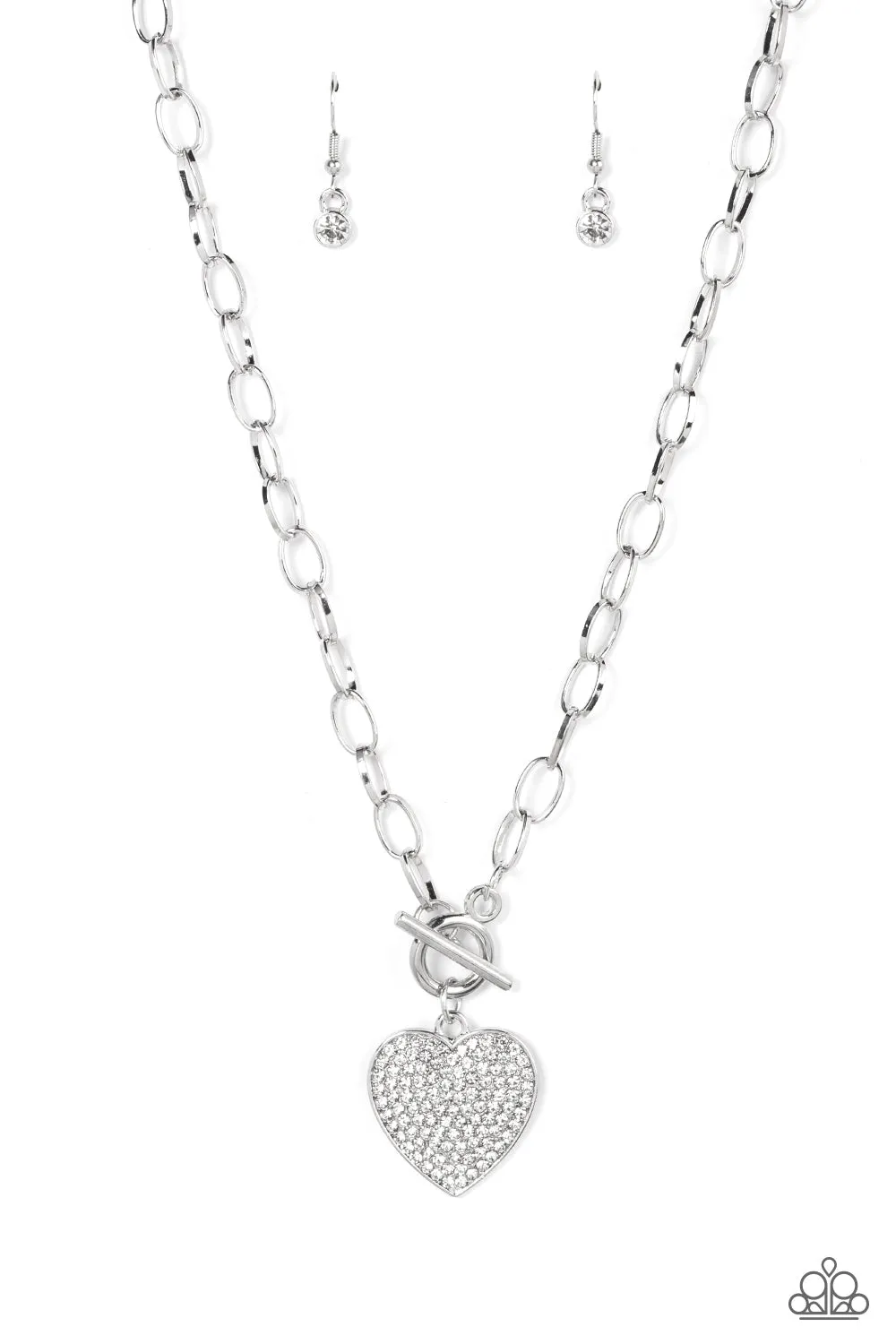 "If You Lust" Silver Metal & White/Clear Rhinestone Heart Toggle Necklace Set