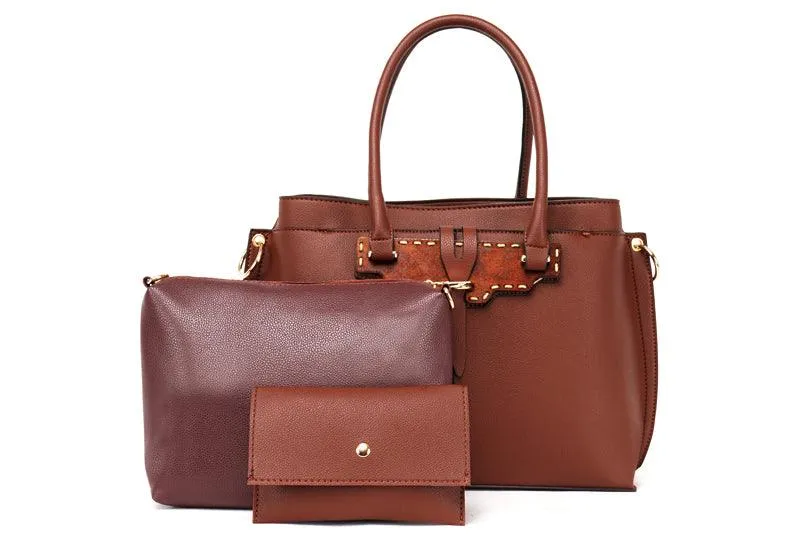 Rad Brown Leather 3 In 1 Handbag With Wood Trimmings