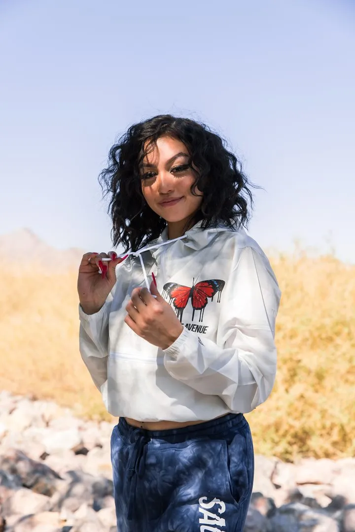 Red Passion Butterfly Drip | White Camo Crop-Zip Windbreaker
