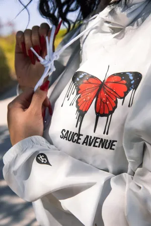 Red Passion Butterfly Drip | White Camo Crop-Zip Windbreaker