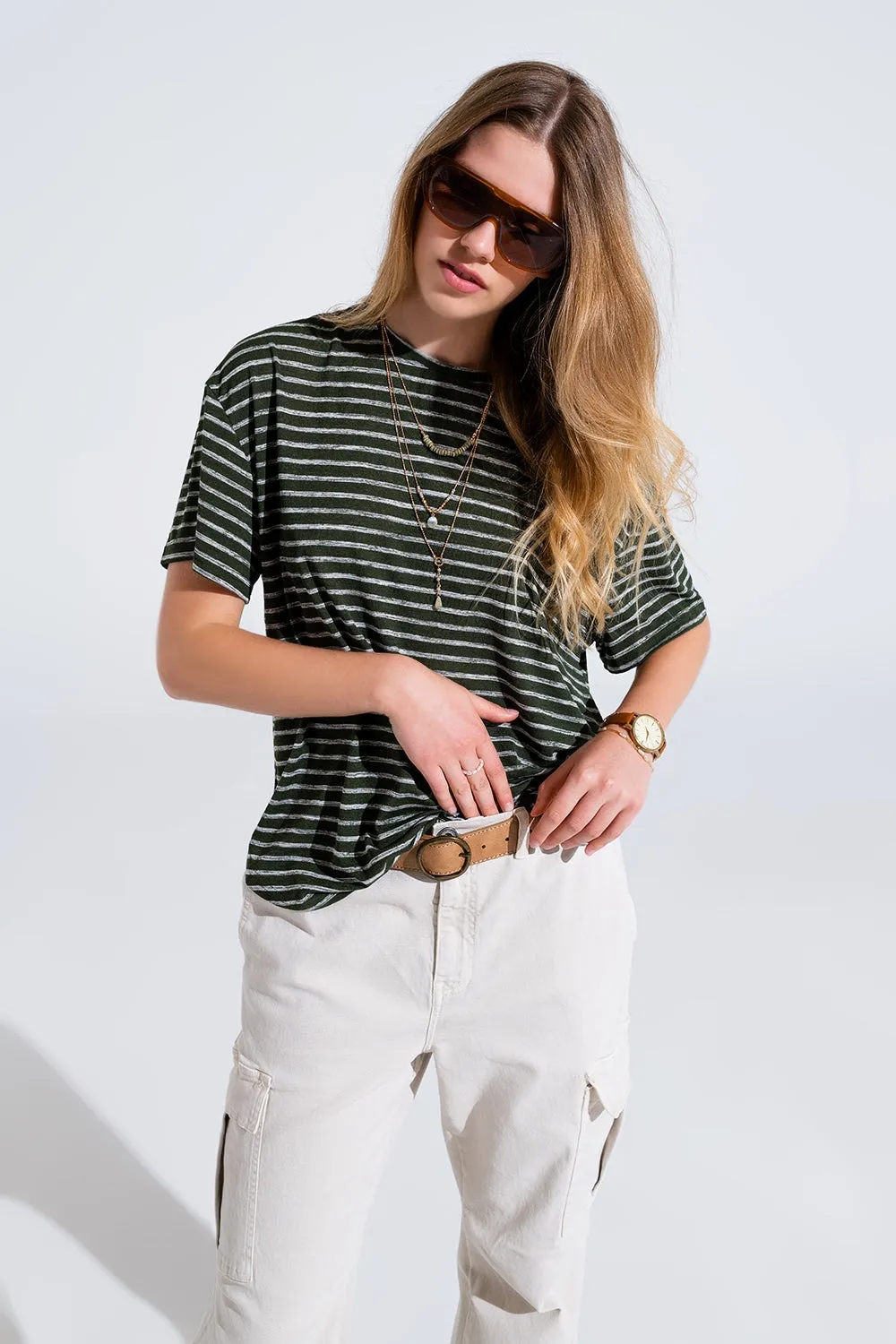 Relaxed Striped T-shirt With Crew Neckline In Khaki